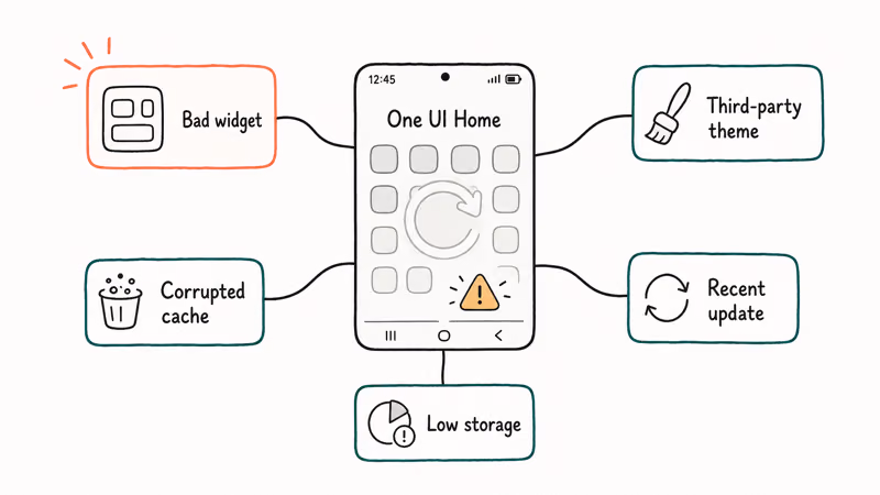 Five common causes of One UI Home crashes including bad widgets and low storage