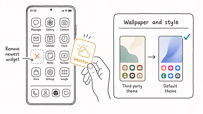 Removing a recently added home screen widget and reverting to the default Samsung theme
