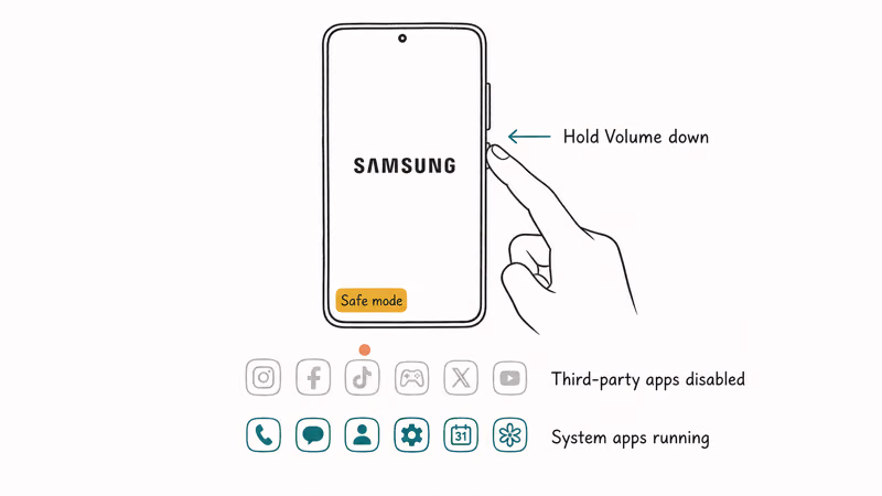 Booting a Galaxy phone into Safe Mode to isolate a misbehaving third party app