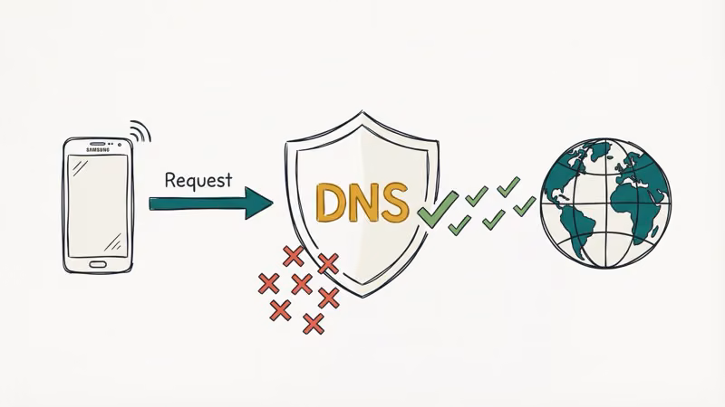 DNS shield filtering harmful requests from Samsung phone to internet