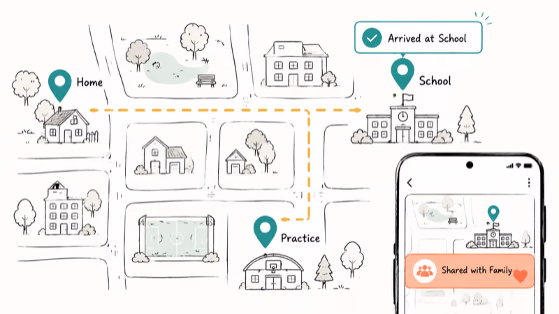Family Link map with home school practice pins showing child Galaxy arrival notification to parent