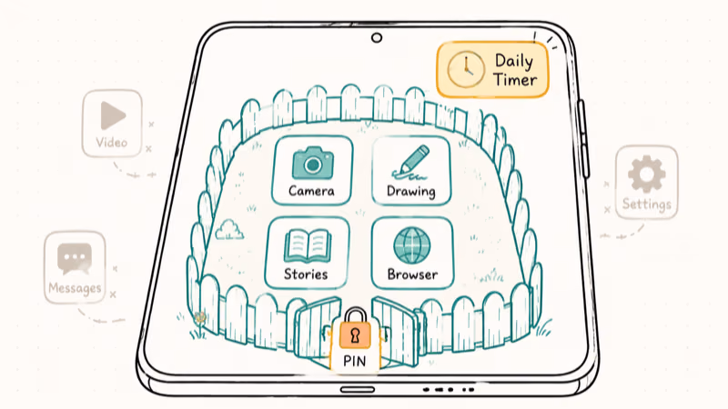 Samsung Kids walled garden showing curated child apps inside fenced sandbox with parent PIN gate