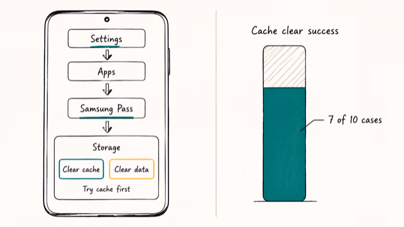 Hand-drawn settings path to Samsung Pass Storage with cache versus data buttons and success bar