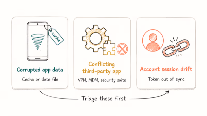 Three hand-drawn cards showing corrupted data, conflicting app, and account session drift causes