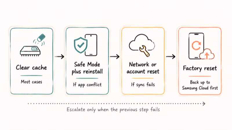 Hand-drawn four-step escalation flow from cache clear to factory reset for Samsung Pass
