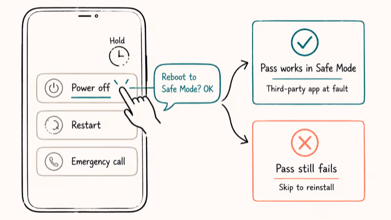 Hand-drawn Galaxy power menu showing long-press Safe Mode prompt and two diagnostic outcomes