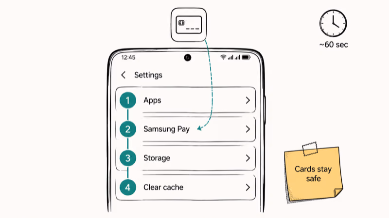 Galaxy phone Settings screen highlighting four-step path Apps Samsung Pay Storage Clear cache.