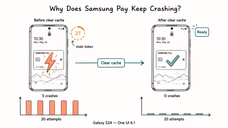 Bar chart of Samsung Pay crashes dropping from five to zero after cache clear.