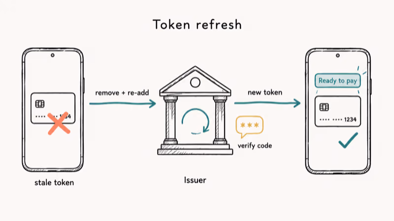 Diagram showing Samsung Pay requesting a fresh tokenized credential from the bank issuer.