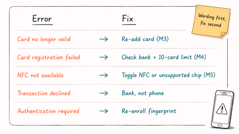 Reference card listing five Samsung Pay error messages with the corresponding fix recommendation.