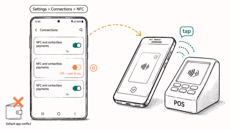 Illustration of NFC toggle reset and contactless tap handshake between Galaxy phone and terminal.