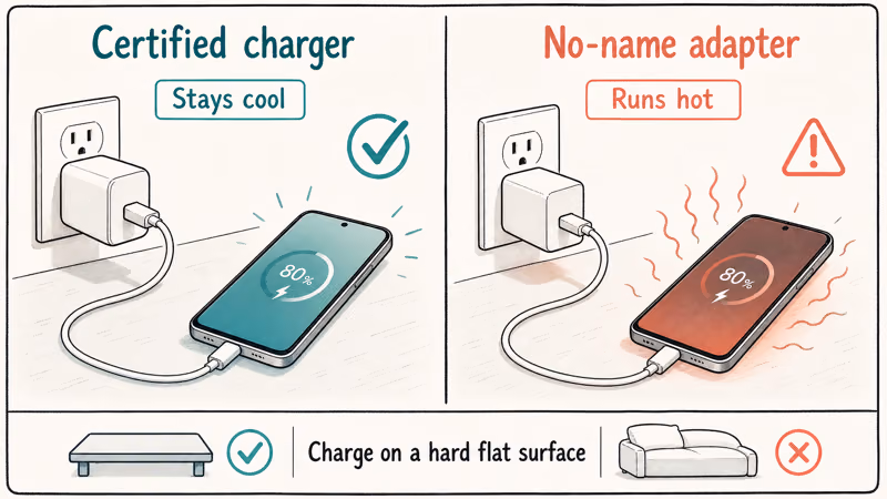 Certified Samsung charger running cool beside a no-name adapter overheating during fast charging