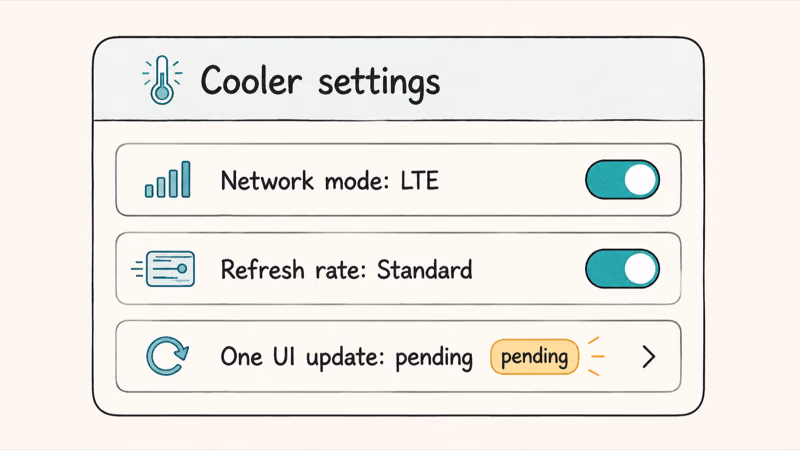 Settings toggles for LTE network mode, standard refresh rate, and a pending One UI update