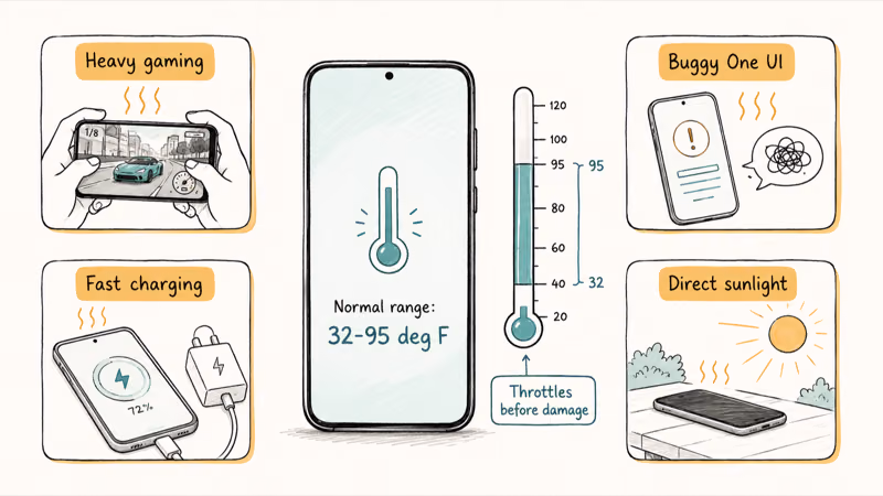 Galaxy phone with labeled heat sources including gaming, fast charging, buggy software, and direct sunlight