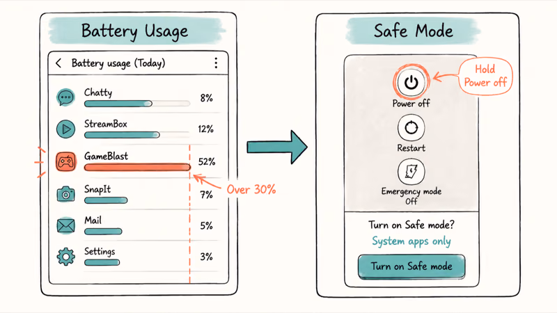 Battery Usage screen flagging a rogue app over thirty percent beside a Safe Mode prompt