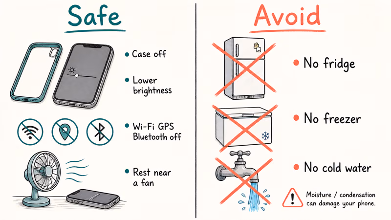 Safe versus unsafe cooling methods for an overheating Samsung phone with fridge crossed out