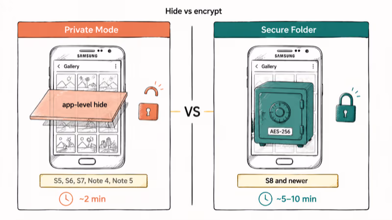Side-by-side comparison of Private Mode app filter versus Secure Folder Knox encryption.