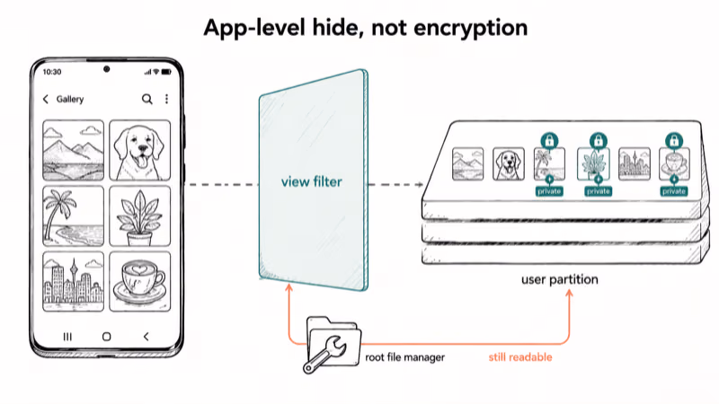Diagram showing Samsung Private Mode app-level filter hiding photos behind PIN authentication layer.