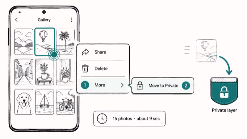 Gallery long-press menu showing Move to Private action in Samsung Private Mode workflow.