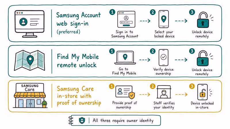 Three lane diagram of official Samsung Reactivation Lock removal methods via account Find My Mobile or Samsung Care