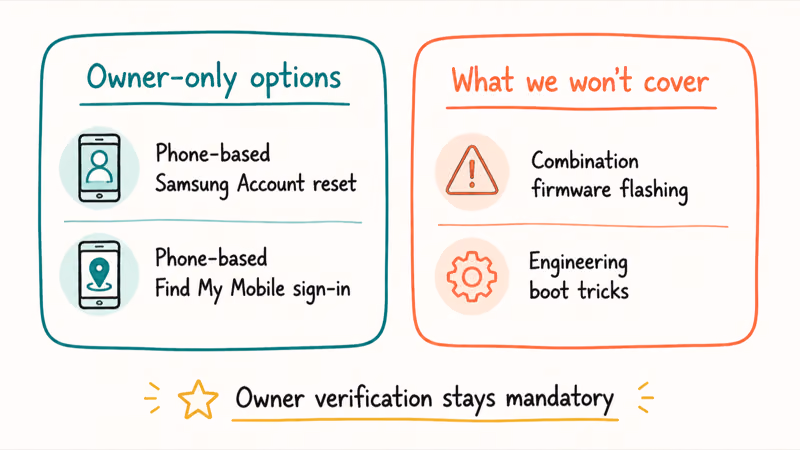 Two card guide showing safe owner only Samsung lock removal options versus methods we will not cover such