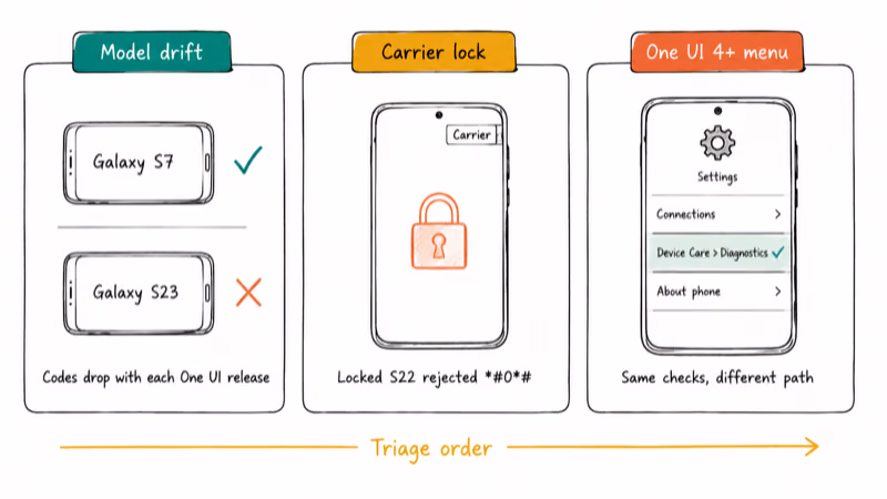 Three triage cards showing Samsung code failures from model drift, carrier locks, and One UI