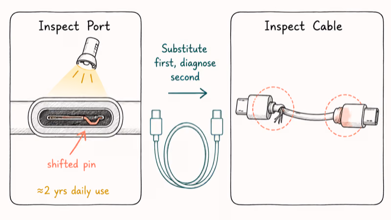 Split panel showing bent USB-C port pin and frayed cable bend stress points