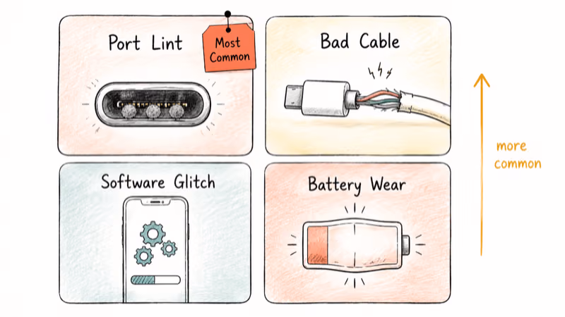 Four-card diagnostic grid showing port lint, bad cable, software glitch, and battery wear root causes