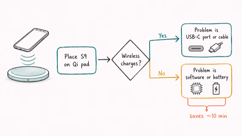 Diagnostic flowchart routing wireless charge result to USB port issue or software battery issue