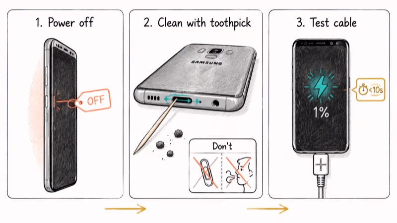 Three-panel sequence showing phone power off, toothpick port cleaning, and cable test with do-not warnings