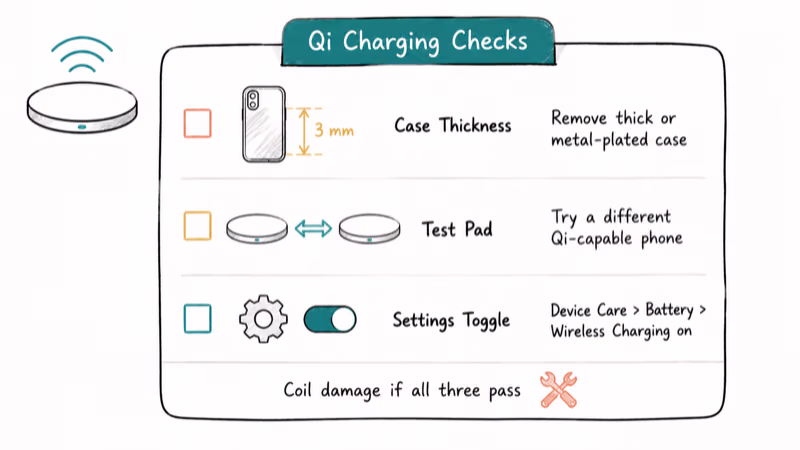 Notebook checklist card with Qi charging checks for case thickness, pad test, and settings toggle