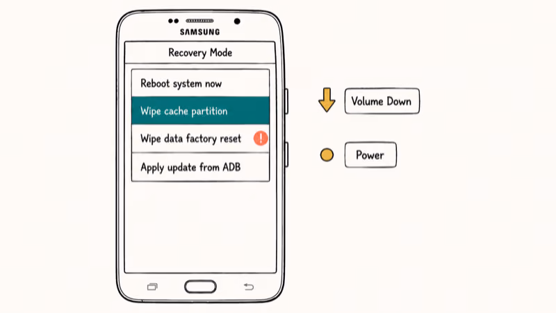 Samsung Recovery Mode menu with Wipe cache partition row highlighted and hardware button cues beside