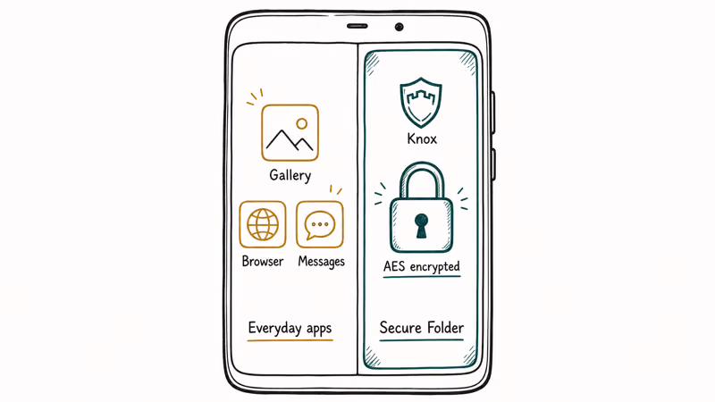 Hand drawn Galaxy phone showing a separate Knox encrypted locked container for sensitive apps