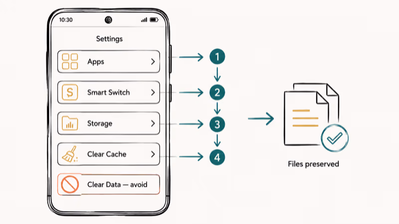 Galaxy Settings screen showing Apps Smart Switch Storage Clear Cache navigation steps in order.