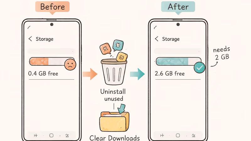 Two Galaxy storage screens comparing before and after freeing 2GB headroom for transfer.