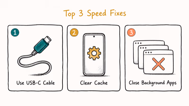 Three illustrated cards showing top Samsung Smart Switch speed fixes: USB-C cable, cache clear, close