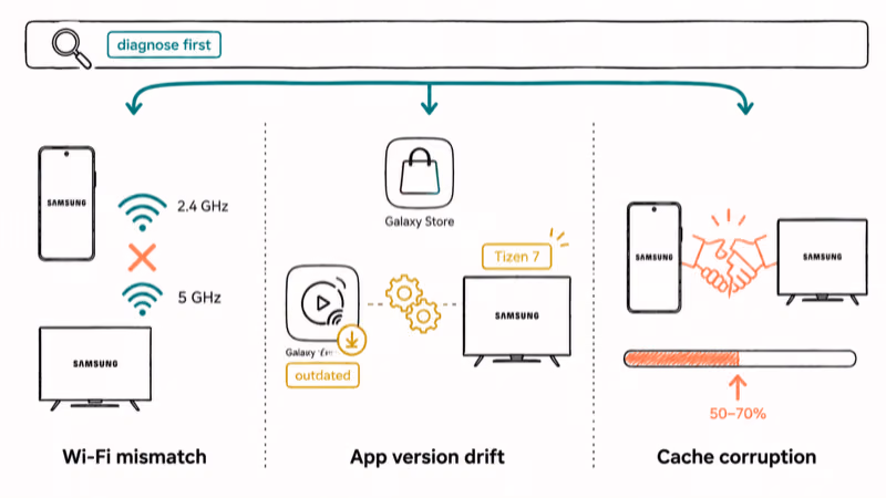 Diagram showing three Smart View failure causes Wi-Fi mismatch app version drift and cache corruption.