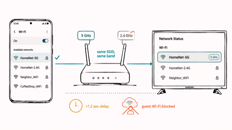 Galaxy phone and Samsung TV sharing the same 5 GHz SSID with a guest network
