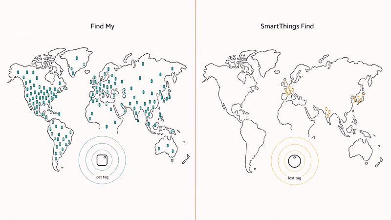 Two world maps comparing Apple Find My and Samsung SmartThings Find phone network density