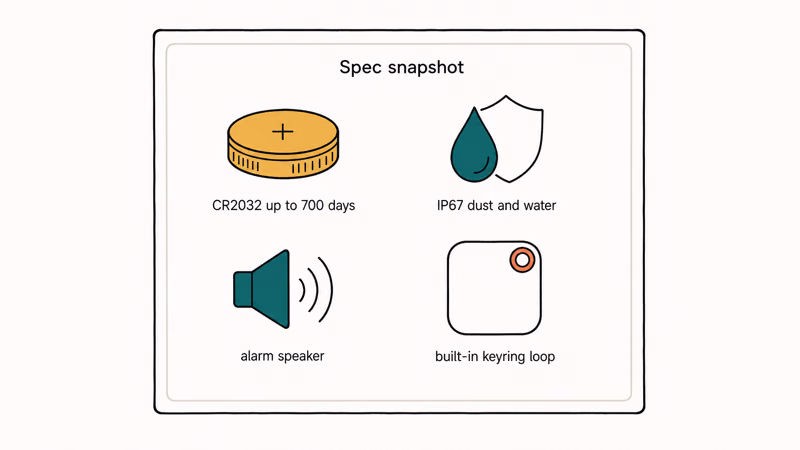 Four icons showing CR2032 battery, IP67 water rating, alarm speaker, and built-in keyring loop