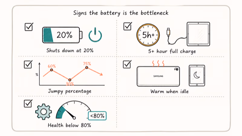 Hand-drawn checklist of five Samsung tablet battery aging signs from shutdowns to health gauge