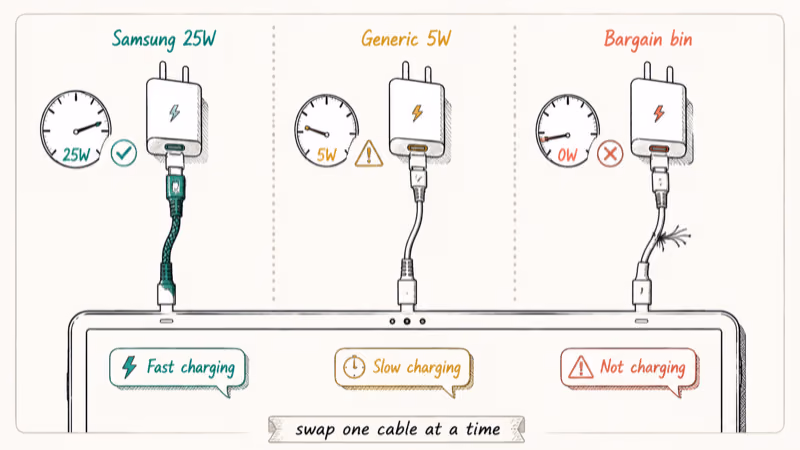 Hand-drawn comparison of three USB-C cables charging a Samsung tablet at full slow and zero