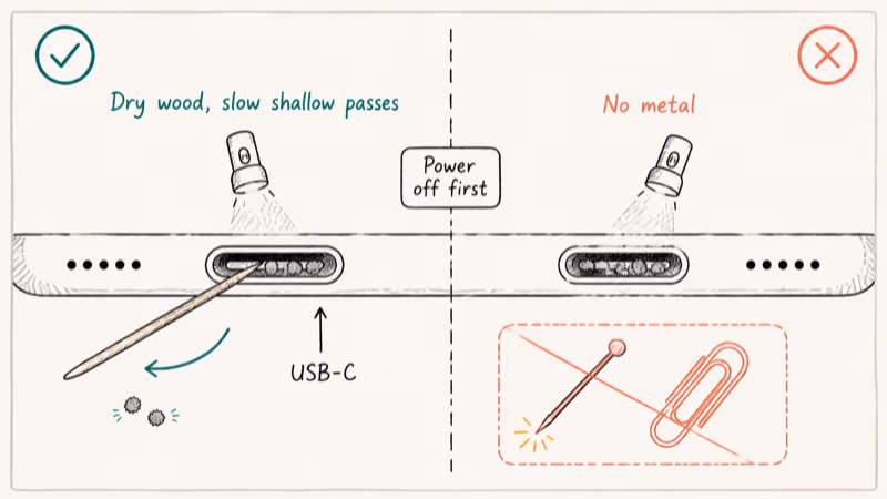 Hand-drawn illustration of dry wooden toothpick clearing lint from Samsung tablet USB-C port