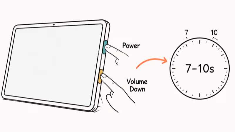 Galaxy tablet side view highlighting Power and Volume Down buttons with seven-second countdown timer.