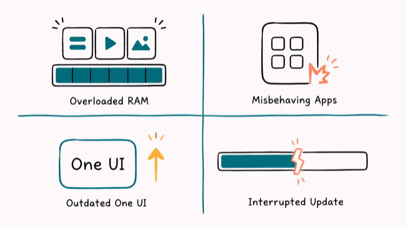 Hand-drawn infographic showing four common Samsung Galaxy tablet freeze causes labeled clearly.