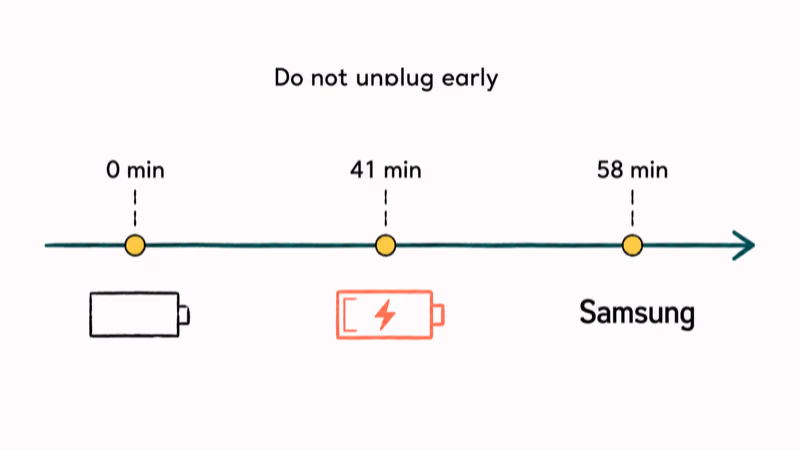 Charging timeline shows dead Samsung tablet waking at forty one and fifty eight minutes