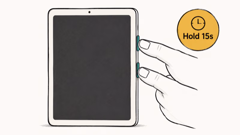 Hands pressing power and volume down buttons on Samsung Galaxy Tab with fifteen second hold