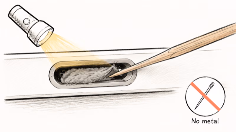 Flashlight reveals lint inside Galaxy Tab USB-C port with wooden toothpick lifting it out
