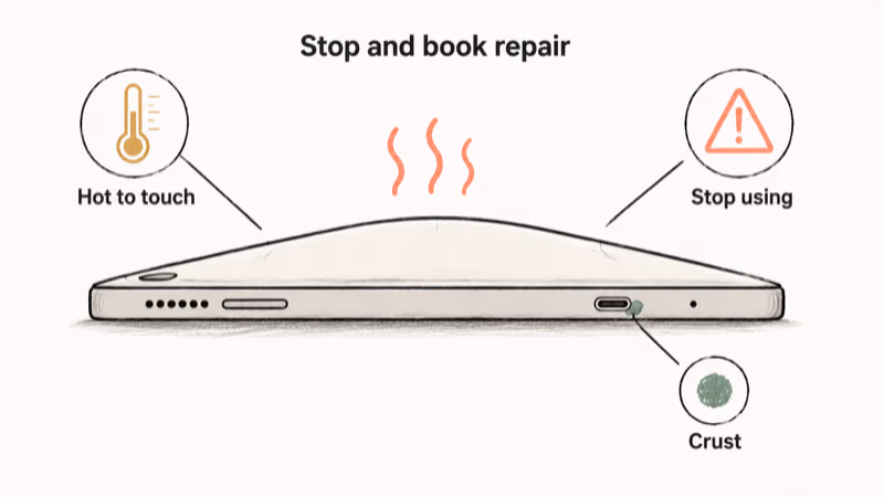 Galaxy Tab with swollen bulging back panel heat lines and warning icons indicating battery danger