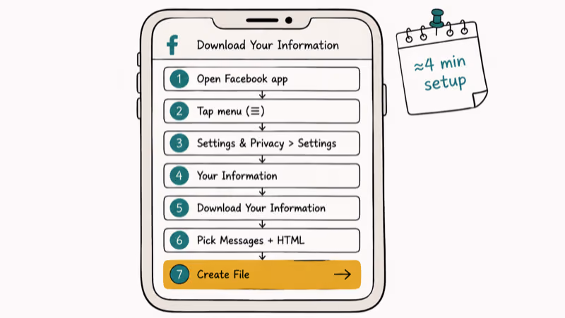 Hand-drawn iPhone showing seven Facebook Download Your Information request steps with Create File button highlighted